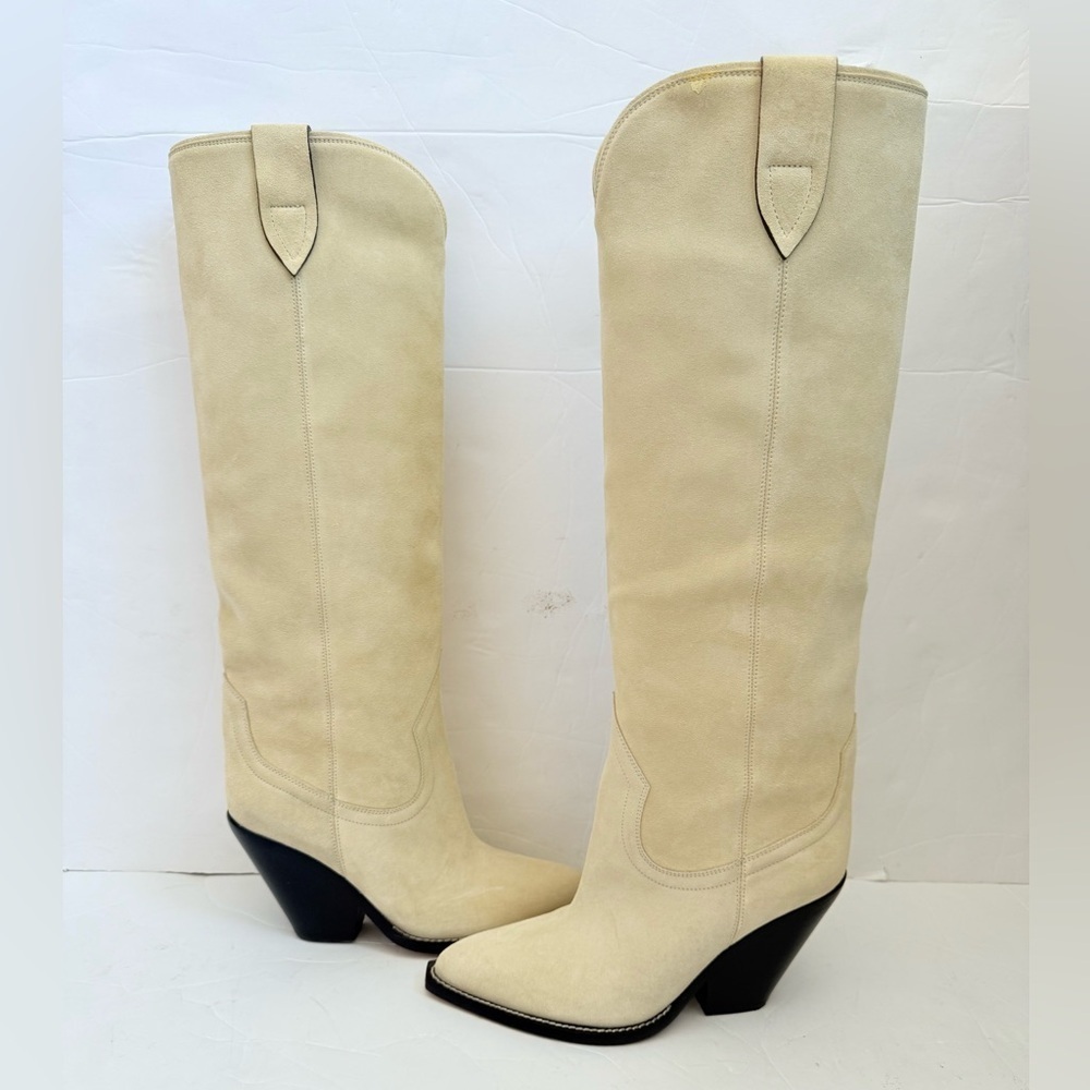 Isabel Marant Ecru/ Cream Suede Leather Lomero Cowboy Knee high boots EU 38 - Picture 3 of 13